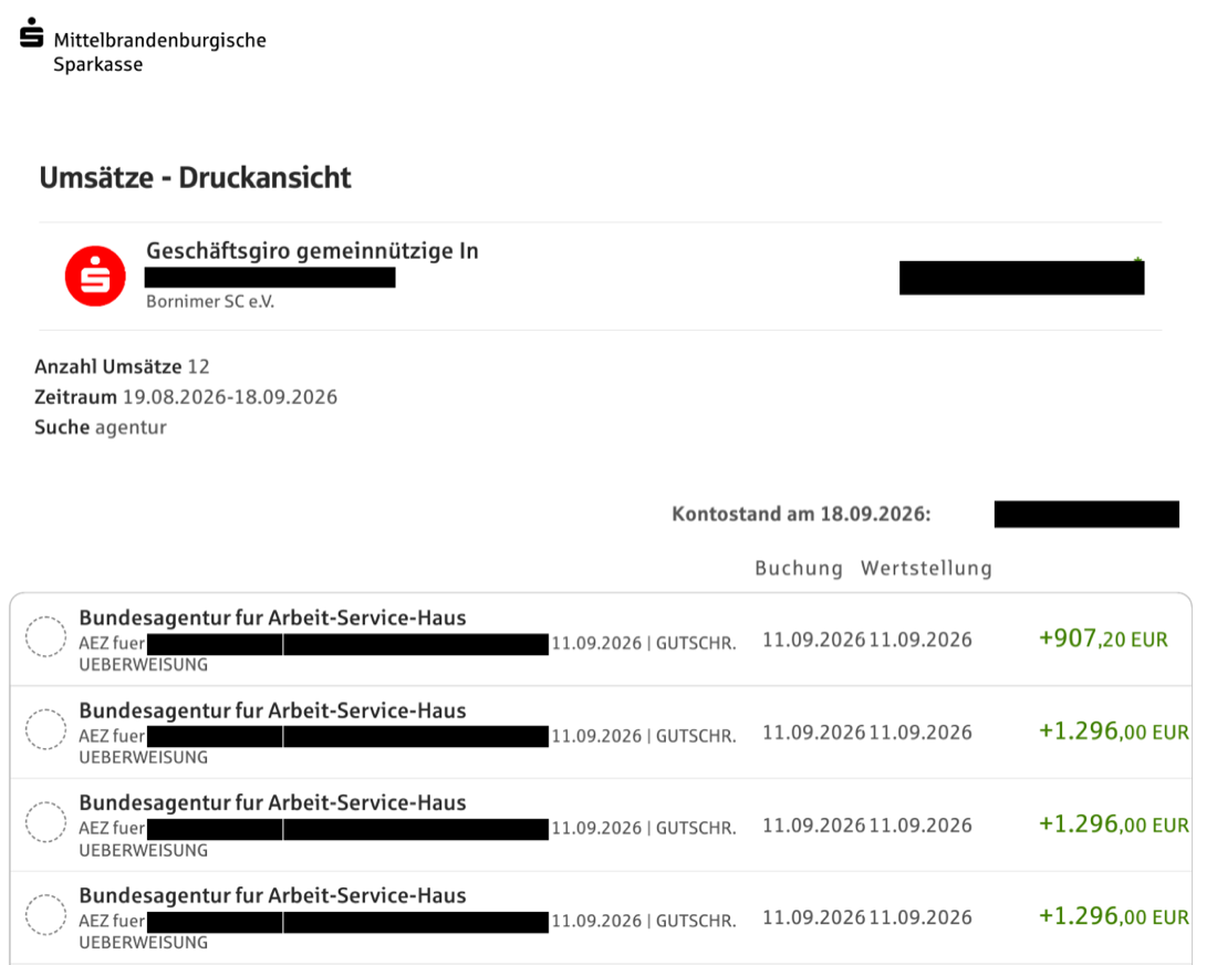 Kontoauszug der Mittelbrandenburgischen Sparkasse, Geschäftskonto Bornimer SC e.V., Zeitraum 19.08. bis 18.09.2026: vier Gutschriften der Bundesagentur für Arbeit mit Verwendungszweck AEZ (Arbeitsentgeltzuschuss) über 907,20 €, 1.296,00 €, 1.296,00 € und 1.296,00 €; Namen und Kontostand geschwärzt.